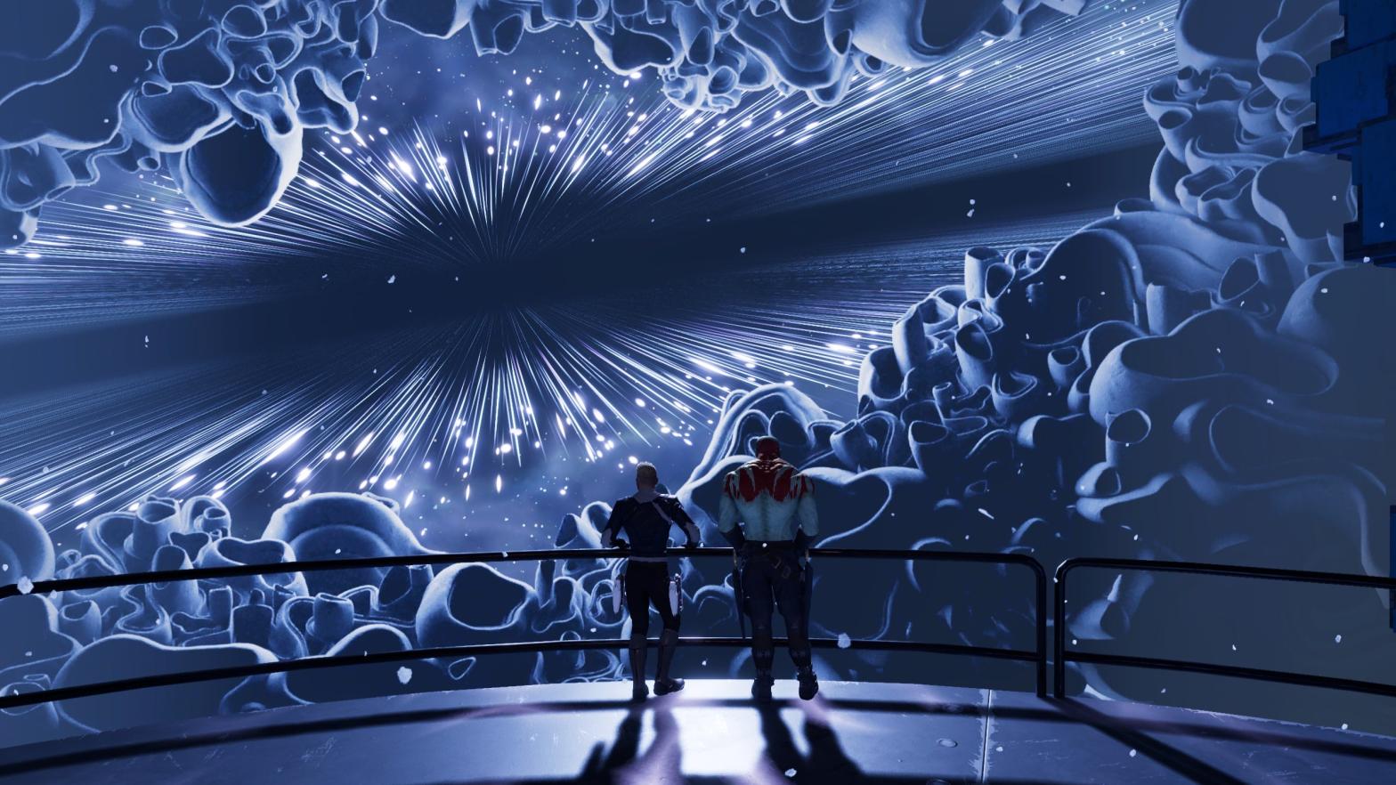 Star-Lord and Drax have a chat at the edge of the universe. (Screenshot: Edios Montreal/Square-Enix)