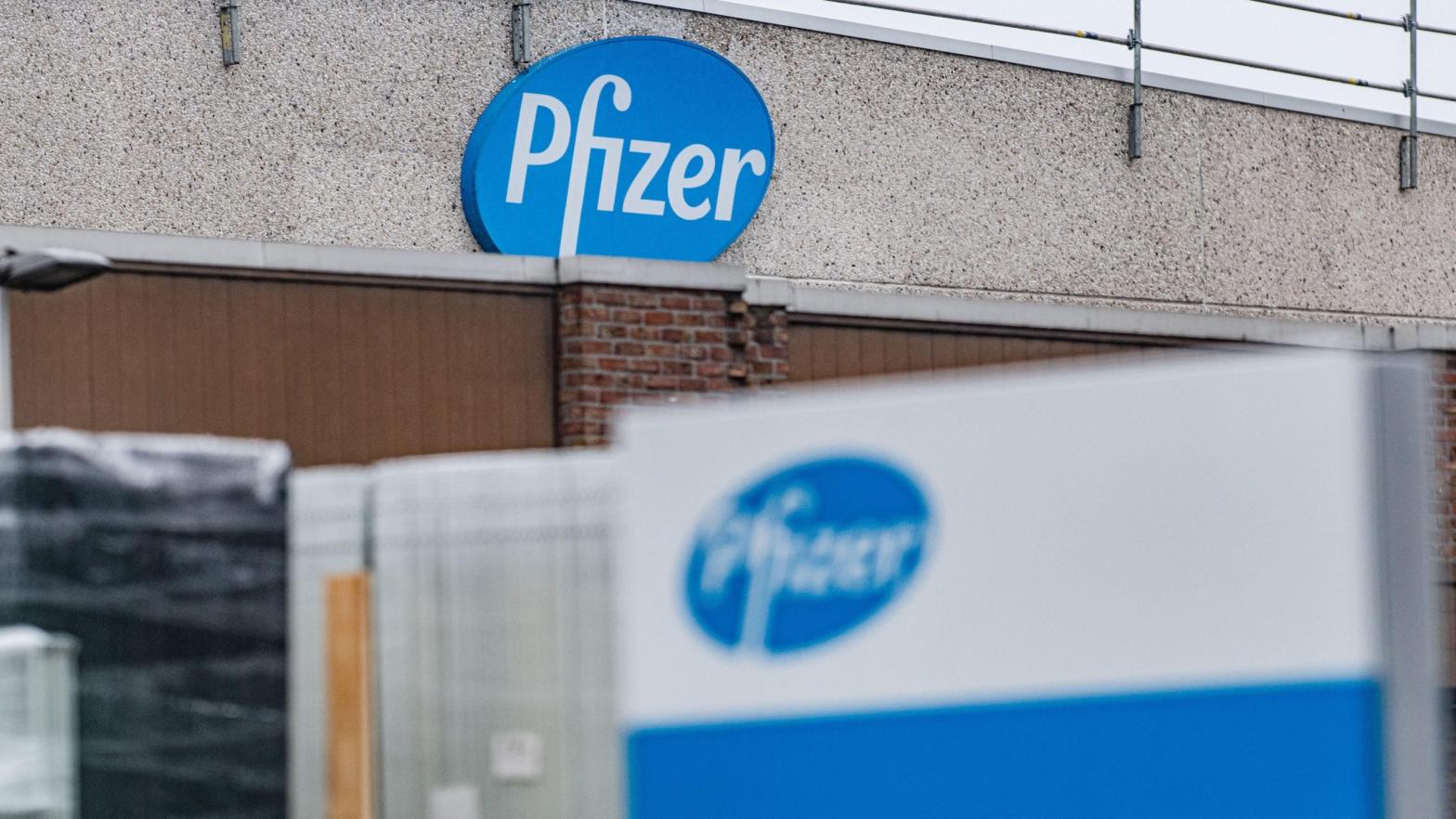 A picture shows the company logo at the US pharmaceutical giant Pfizer plant in Puurs, northeast Belgium, on December 23, 2020. (Photo: Jonas Roosens/BELGA/AFP, Getty Images)