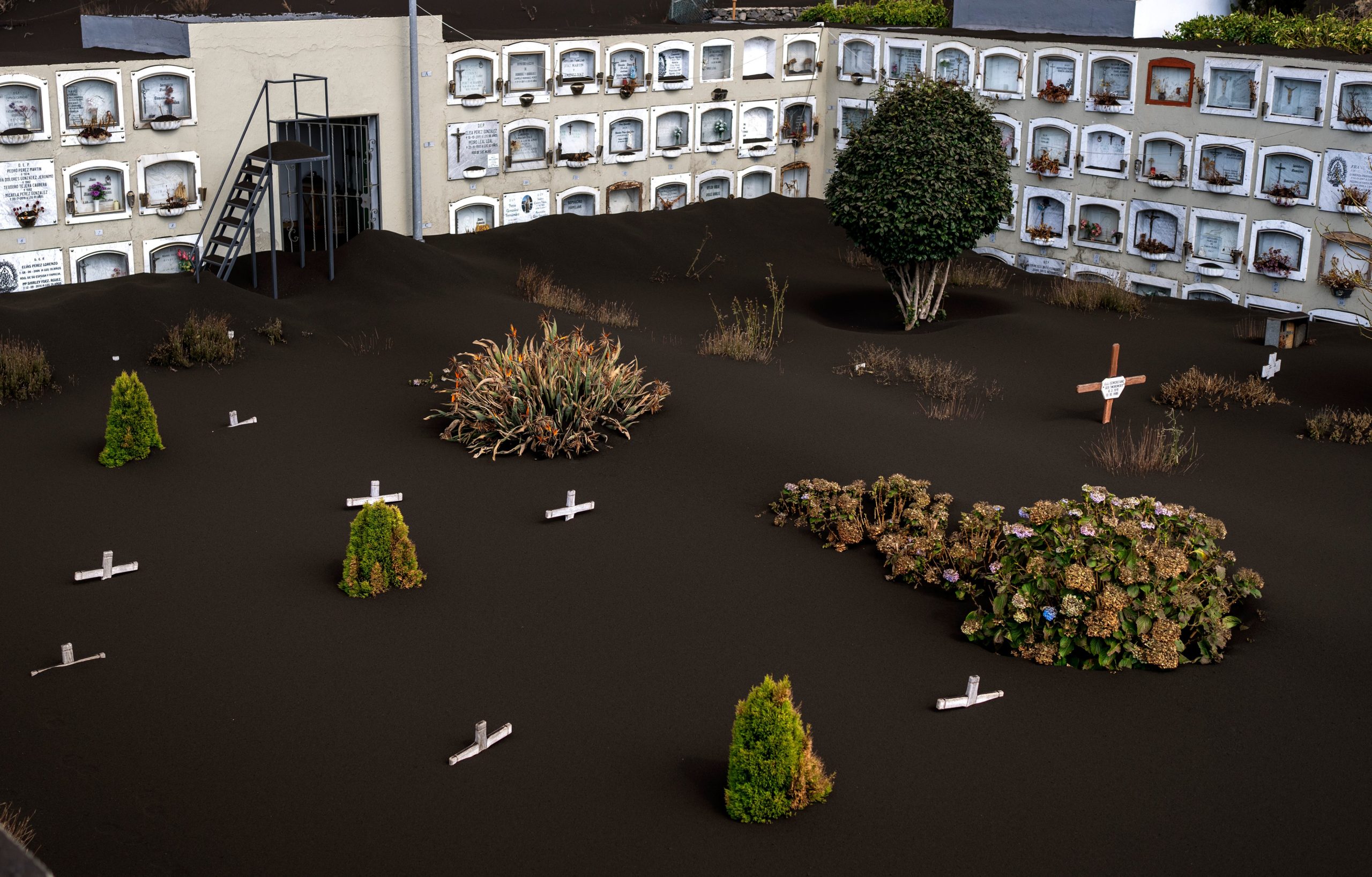Ash cover the graves at the La Palma cemetery. (Photo: Emilio Morenatti, AP)
