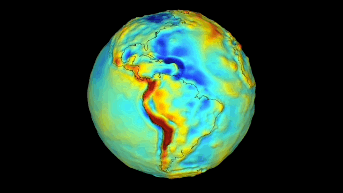 The animation displays the Earth's gravitational anomalies. The colours and heights represent the strength of gravity at the locality. (Gif: NASA/Goddard Space Flight Centre Scientific Visualisation Studio)