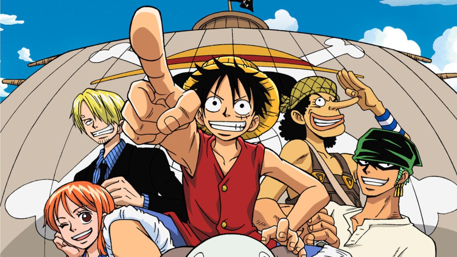 The Straw Hat crew, l-r: Nami, Sanji, Luffy, Usopp, and Zoro. (Image: Toei Animation/Funimation)