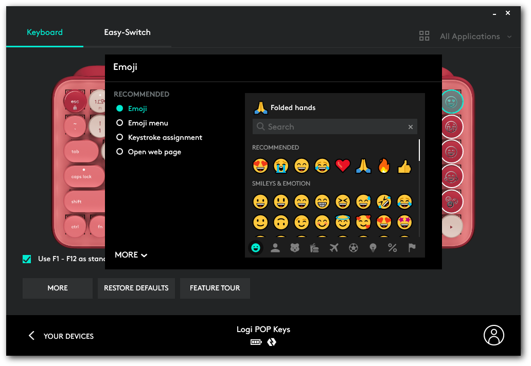 Emoji selection is an important part of the Logitech POP Keys keyboard.  (Screenshot: Florence Ion / Gizmodo)