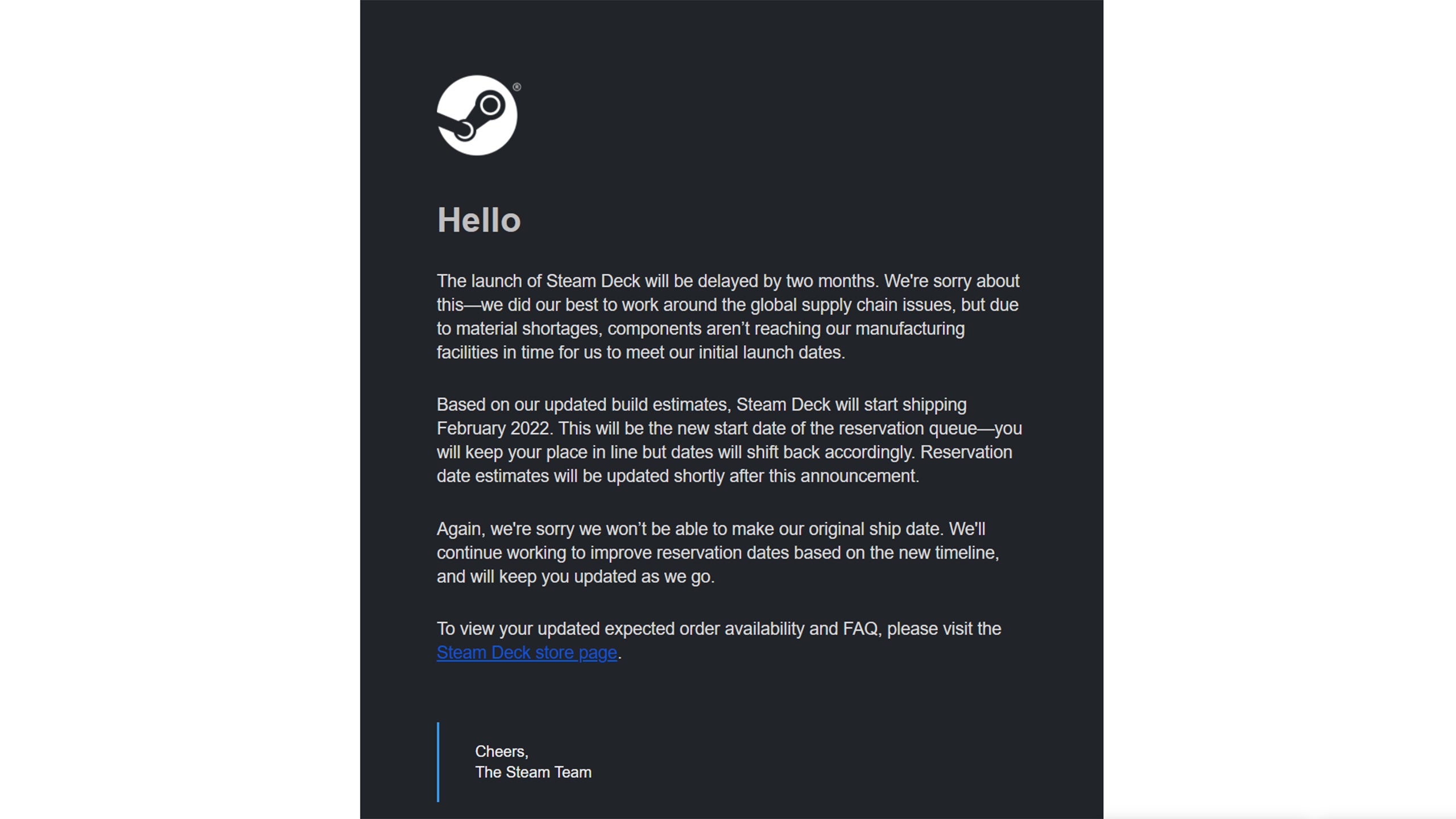 Here's a screenshot of the email Valve has sent out to reservation holders alerting them of the delayed launch.  (Screenshot: Sam Rutherford)