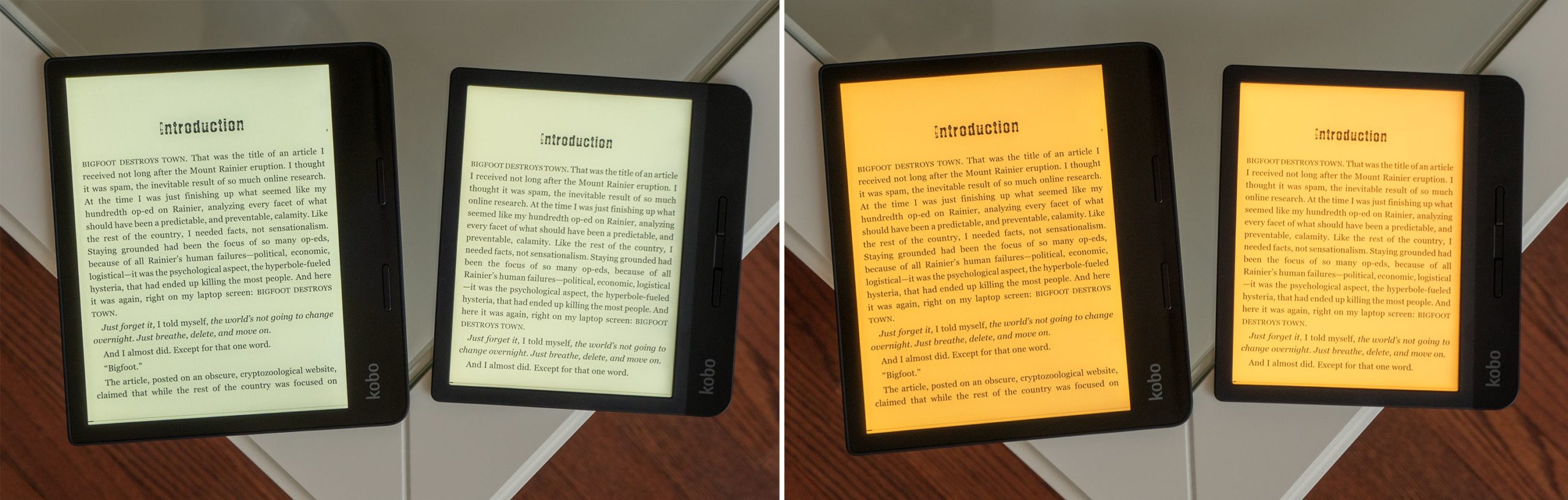 The Kobo Libra's screen (right) is slightly brighter than the Sage's (left) when brightness settings are maxed out, but the upgrades screen on the Sage (left) offers noticeably better contrast. (Photo: Andrew Liszewski - Gizmodo)