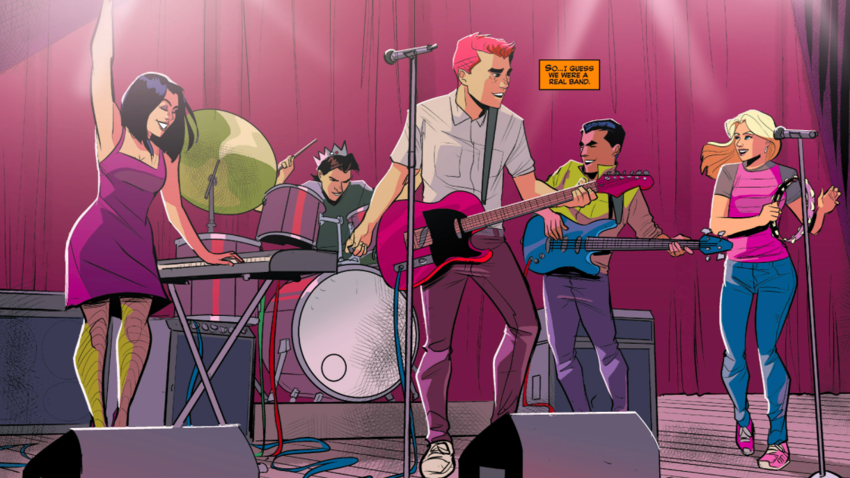 Veronica, Jughead, Archie, Reggie, and Betty jamming out on stage together. (Screenshot: Joe Eisma, Matt Herms, Jack Morelli/Archie COmics)