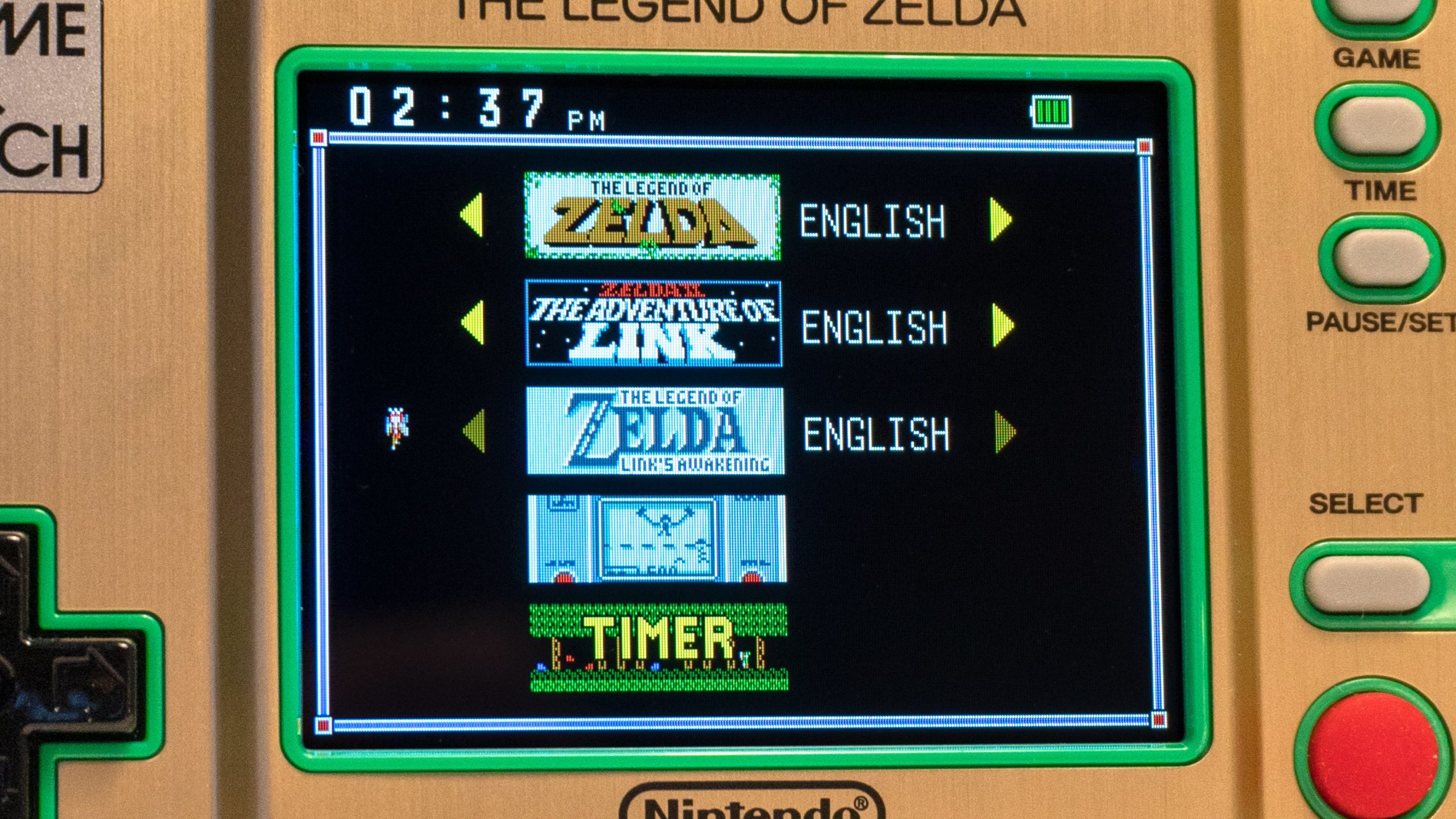 Three full The Legend of Zelda games are included in multiple languages, as well as a Game & Watch throwback title that's fun for about 35 seconds. (Photo: Andrew Liszewski - Gizmodo)