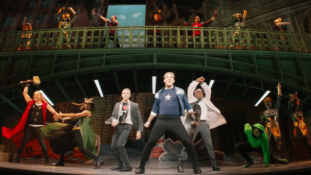 The cast of Rogers: The Musical in the middle of a performance. (Image: Disney+/Marvel)