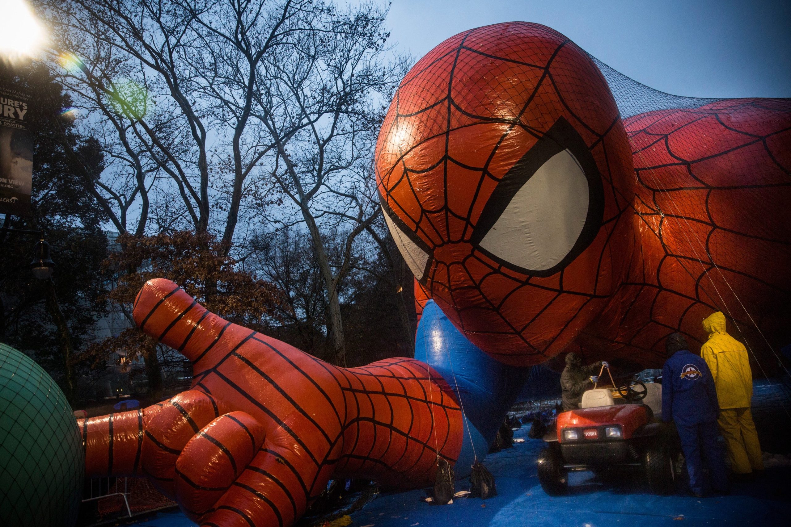 An 24.38 m-long inflatable superhuman is pinned to the ground on Manhattan's Upper West Side. (Photo: Andrew Burton, Getty Images)