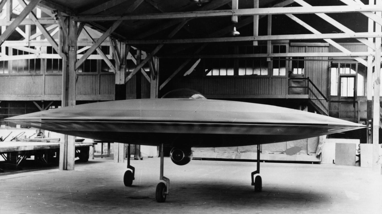 A 3/5 scale model of a proposed VTOL 'flying saucer' aircraft, the Couzinet Aerodyne RC-360, on display at a workshop on the Ile de la Jatte in Levallois-Perret, Paris, 1955 (Photo: Keystone, Getty Images)
