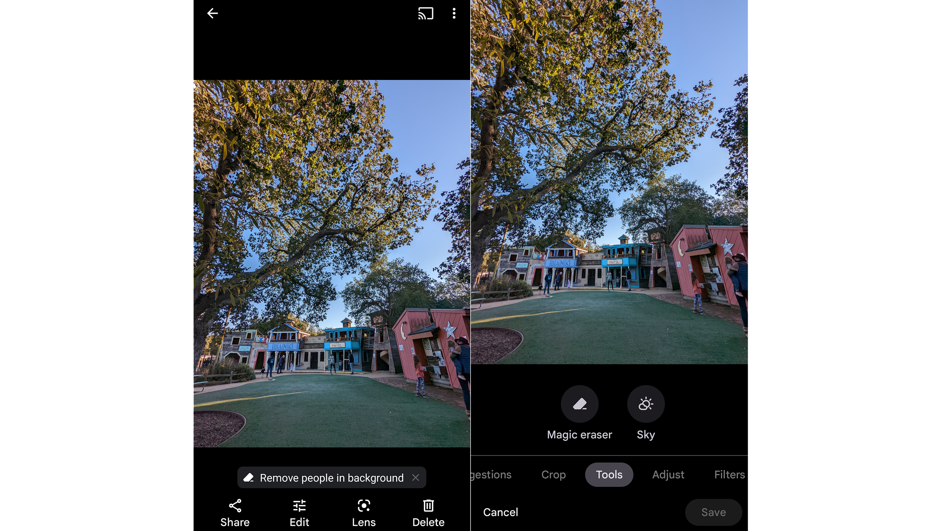 In some cases, Google Photos knows you already want to remove people from the background before you even select the Magic Eraser tool. (Image: Florence Ion / Gizmodo)
