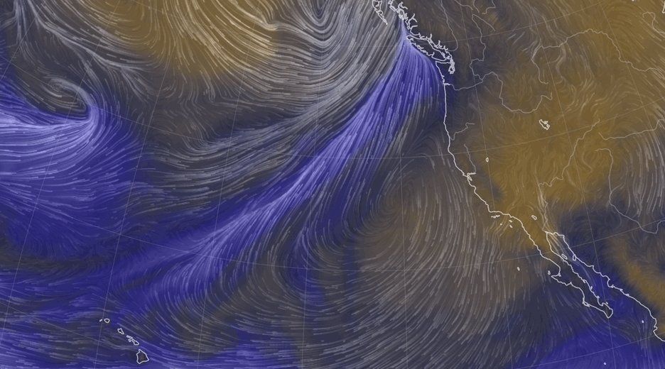 The blue shows a forecast plume of moisture reaching the Pacific Northwest this weekend, the second of three atmospheric river events to hit the region over the span of a week. (Gif: Earth Wind Map)