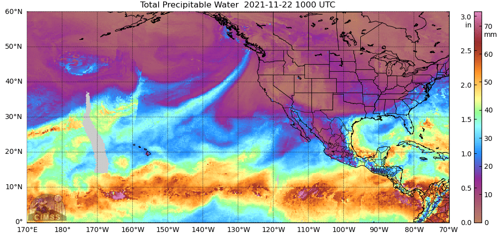 A zoomed out satellite view of total precipitable water, a measure of how wet the atmosphere is, showing a tongue of moisture heading to the Pacific Northwest from Hawaii. (Gif: CIMSS)