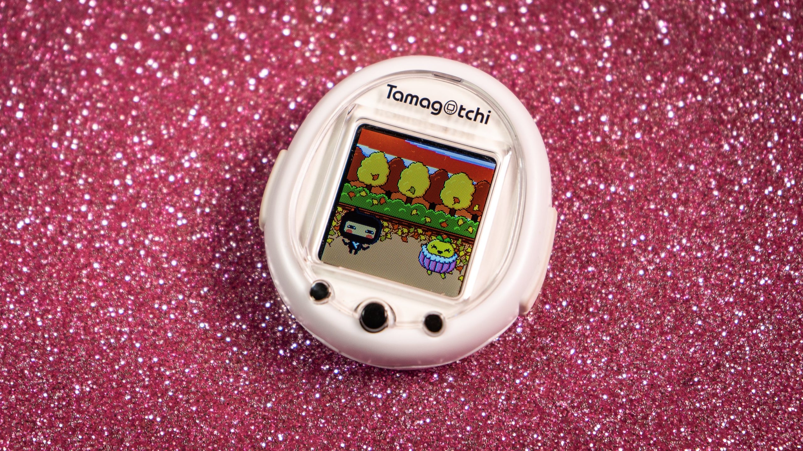 The gameplay on the Tamagotchi Smart remains similar to the other colour versions, including the ability to go to the park and meet some friends!  (Photo: Florence Ion / Gizmodo)