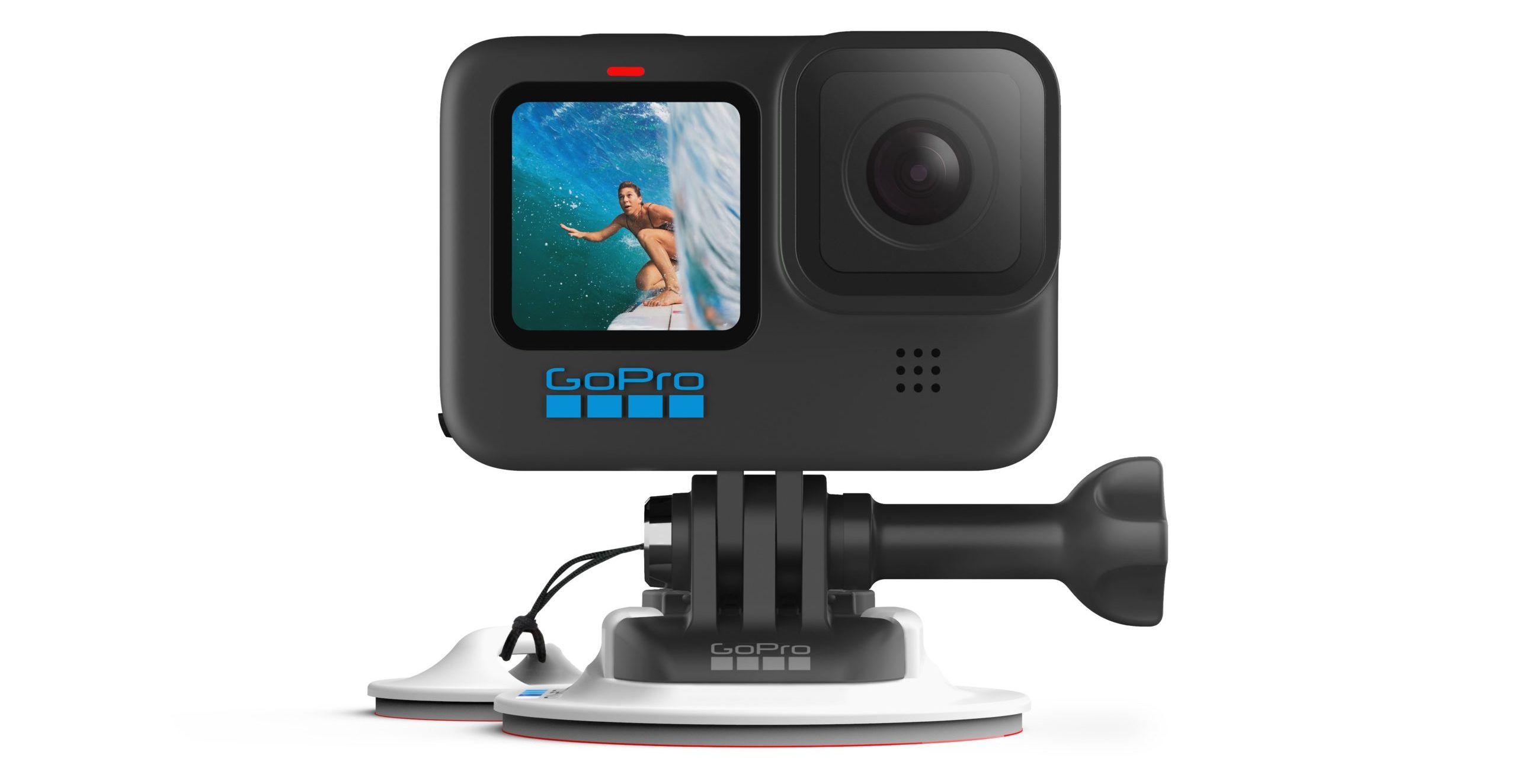 A GoPro in a white voice mounted to a suction cup for a surfboard