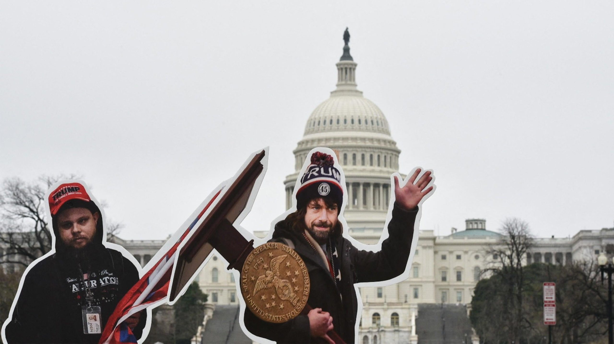 An effigy of Twitter CEO, Jack Dorsey (C), dressed as a January 6, 2021, insurrectionist is placed near the US Capitol in Washington, DC, on March 25, 2021. (Photo: Contributor, Getty Images)