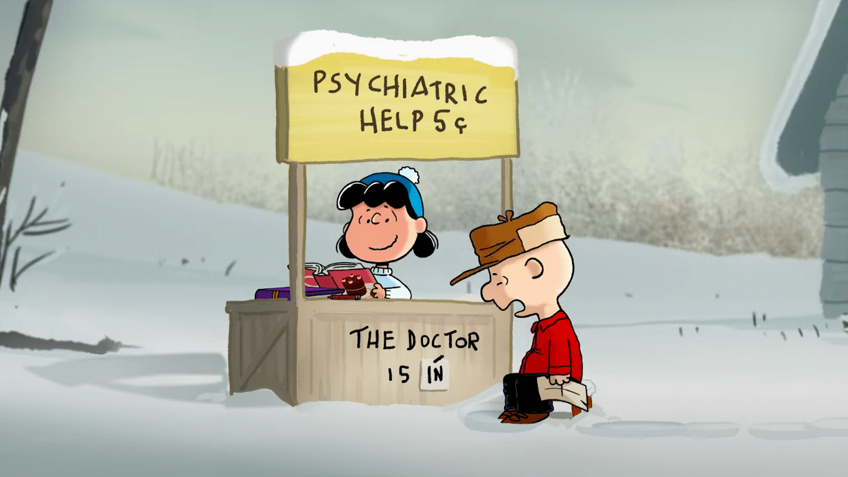 Lucy and Charlie Brown playing a game modelled after a deeply flawed healthcare system. (Screenshot: Apple)