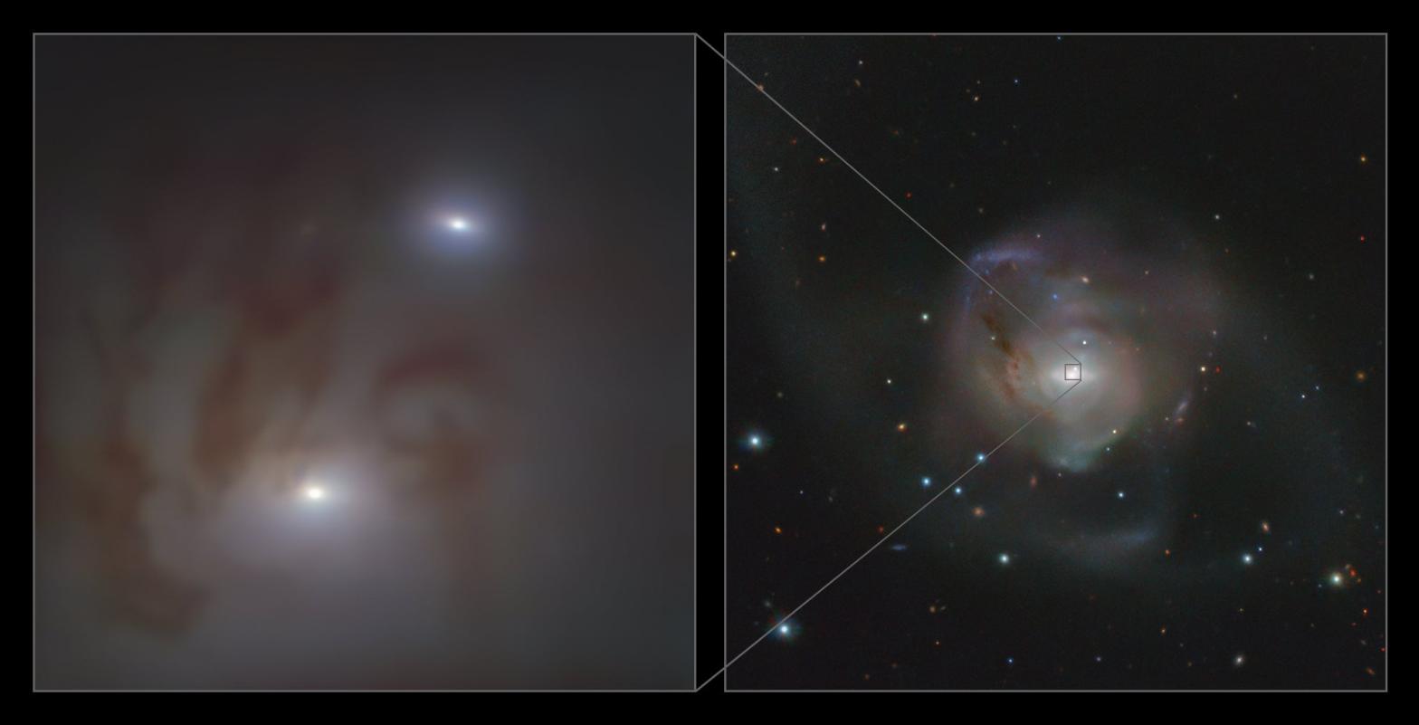 The galaxy NGC 7727 (right) and a zoomed-in view (left) showing the two galactic nuclei that contain the supermassive black holes.