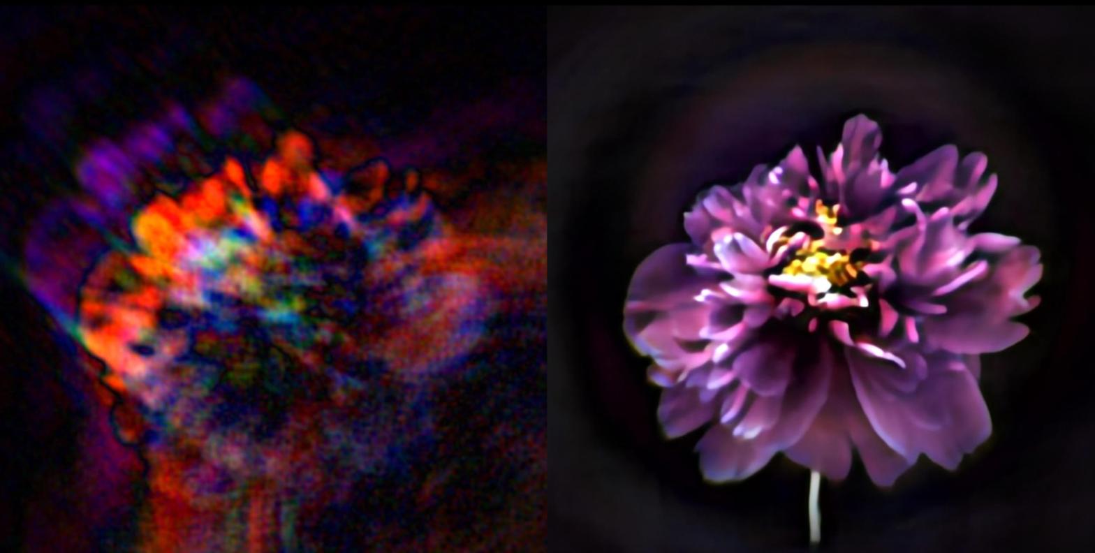 The neural nano-optical camera's output (right) compared to a previous metasurface cameras (left). (Image: Princeton University Computational Imaging Lab)