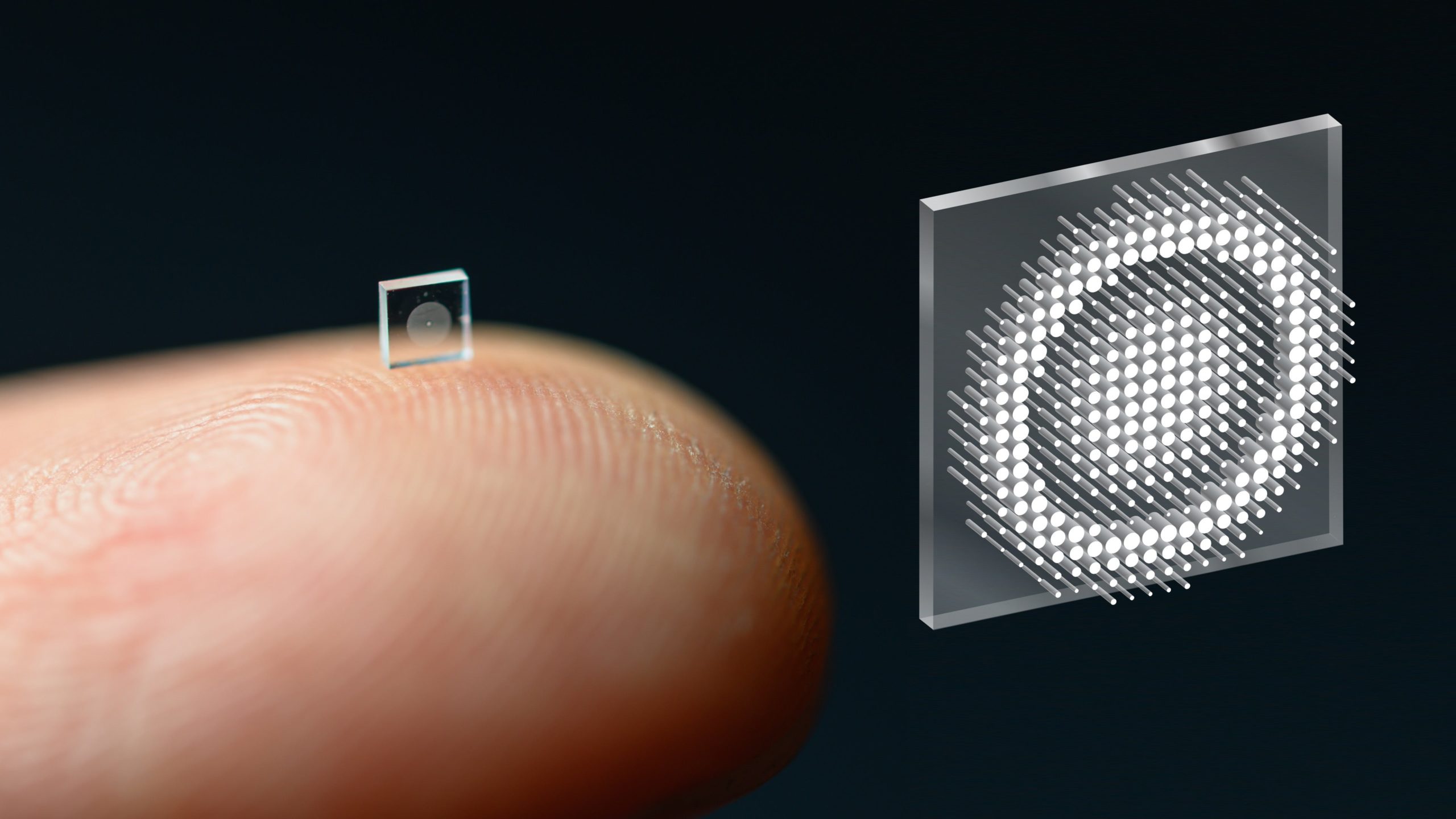The itsy-bitsy camera, with a representation of its nano-scale optical antennae at right. (Image: Princeton University Computational Imaging Lab)