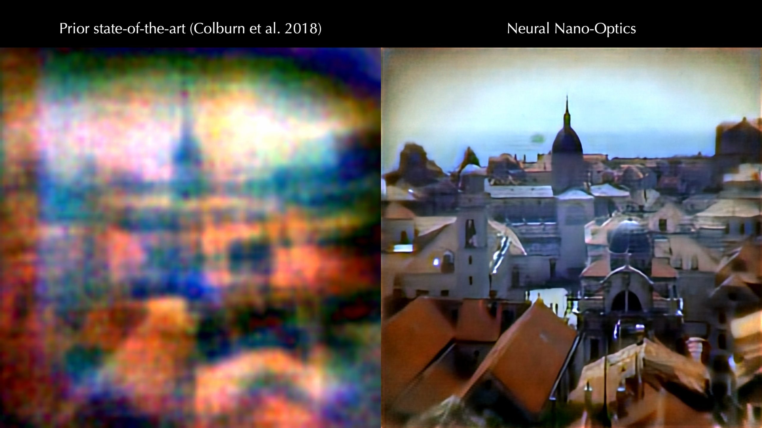 The city of Venice, as seen by the neural nano-optical camera (right) compared to an earlier, similar camera (left). (Image: Princeton University Computational Imaging Lab)