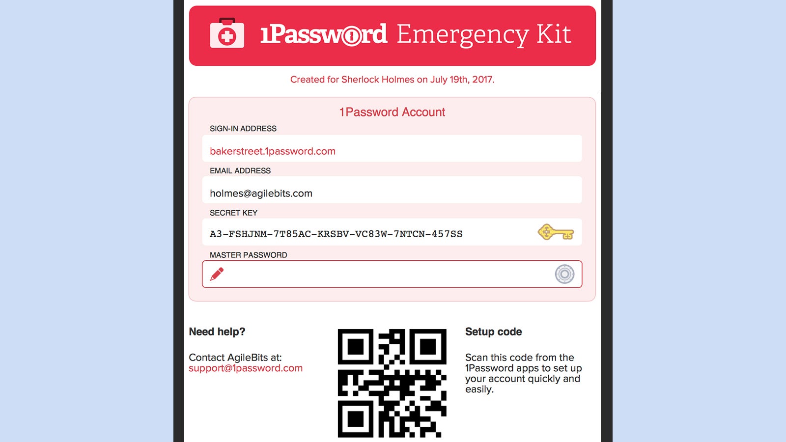 1Password has an Emergency Kit you can pass on to a loved one. (Screenshot: 1Password)