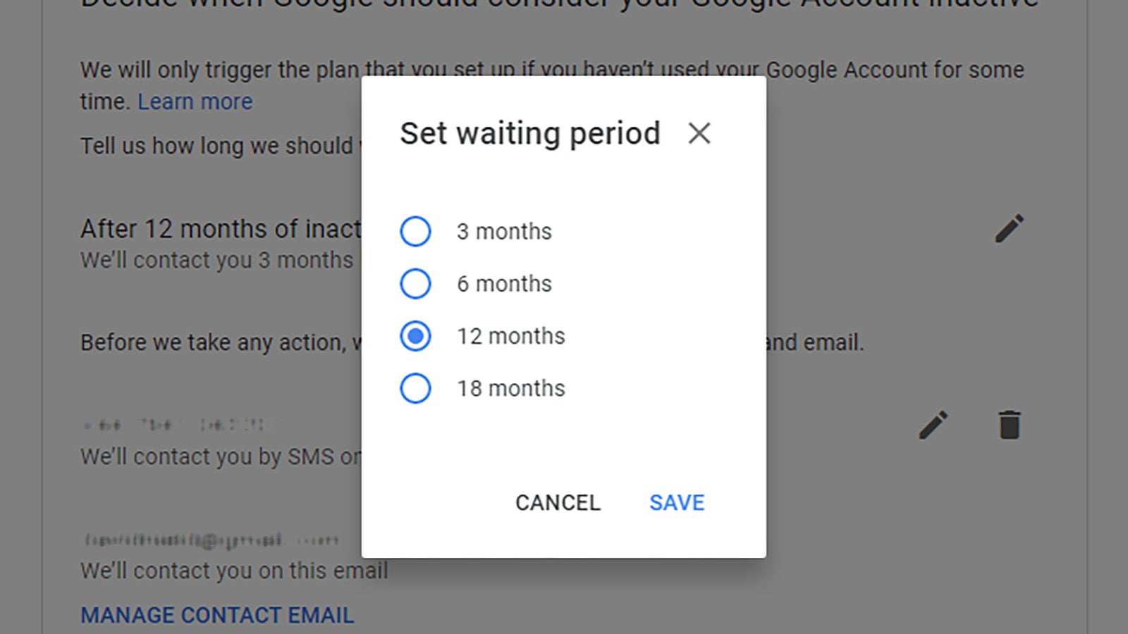 You can choose how long Google waits before marking your account as inactive. (Screenshot: Google)