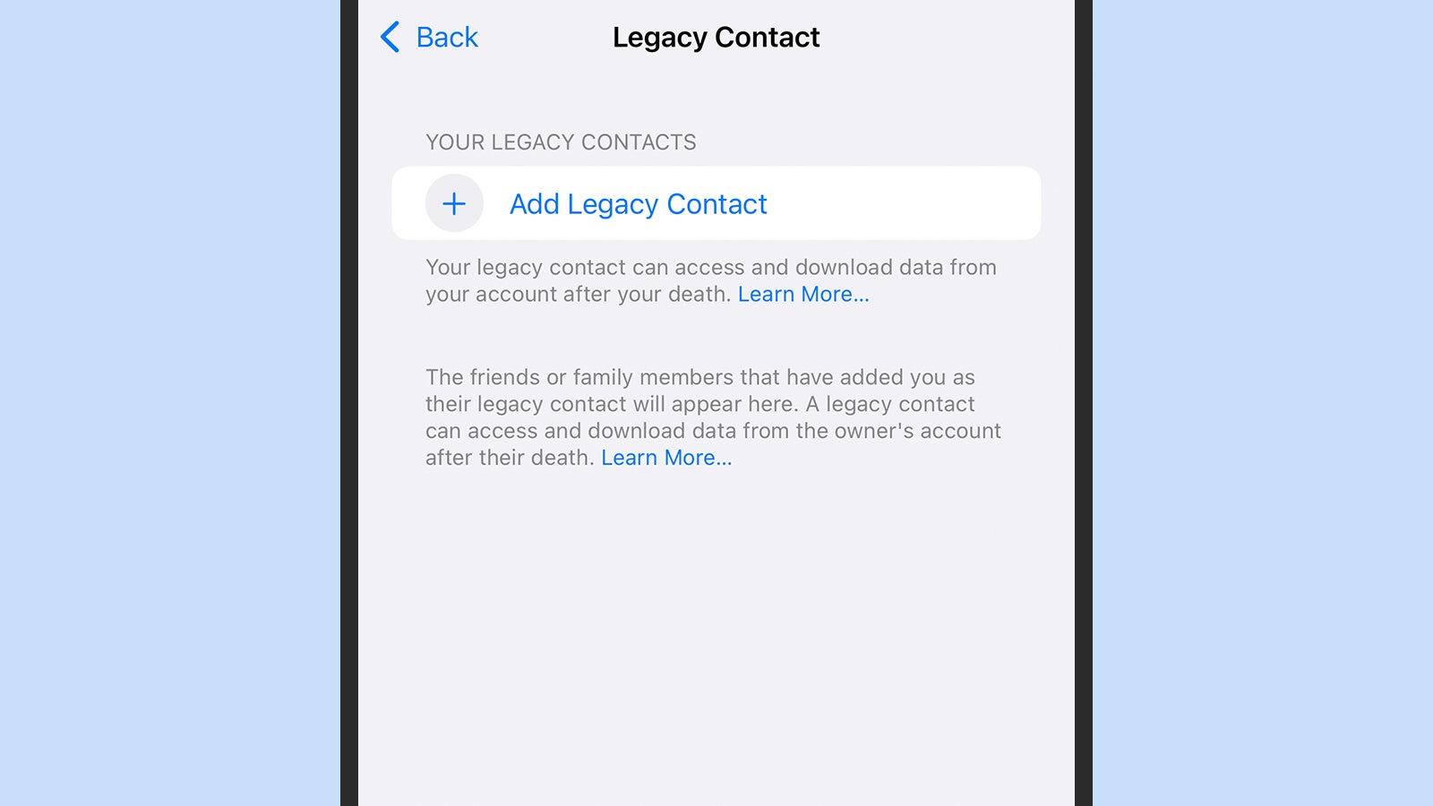 Apple's legacy contact feature is just beginning to roll out. (Screenshot: Apple)