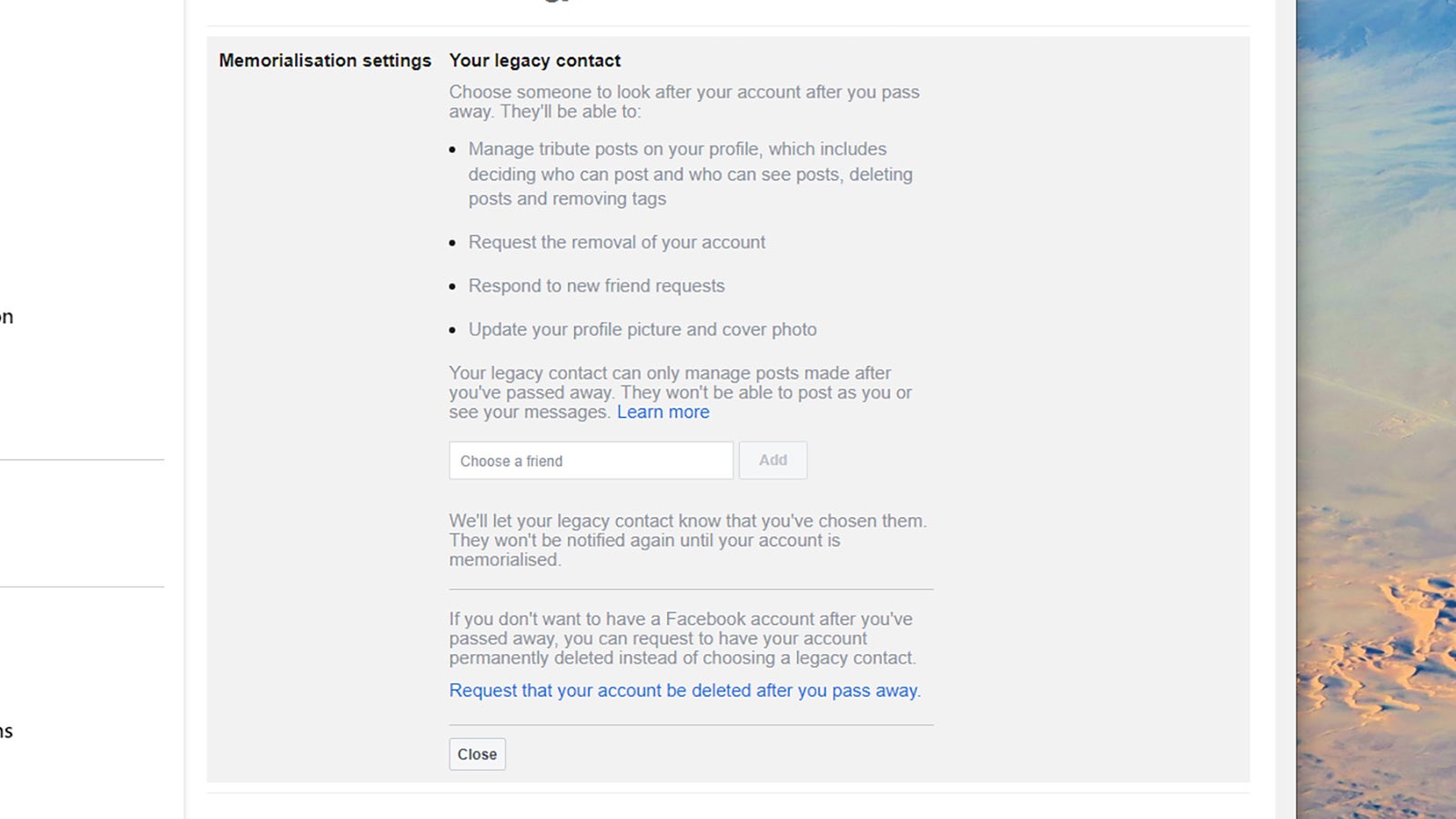 Your Facebook account can stay online, managed by someone else. (Screenshot: Facebook)