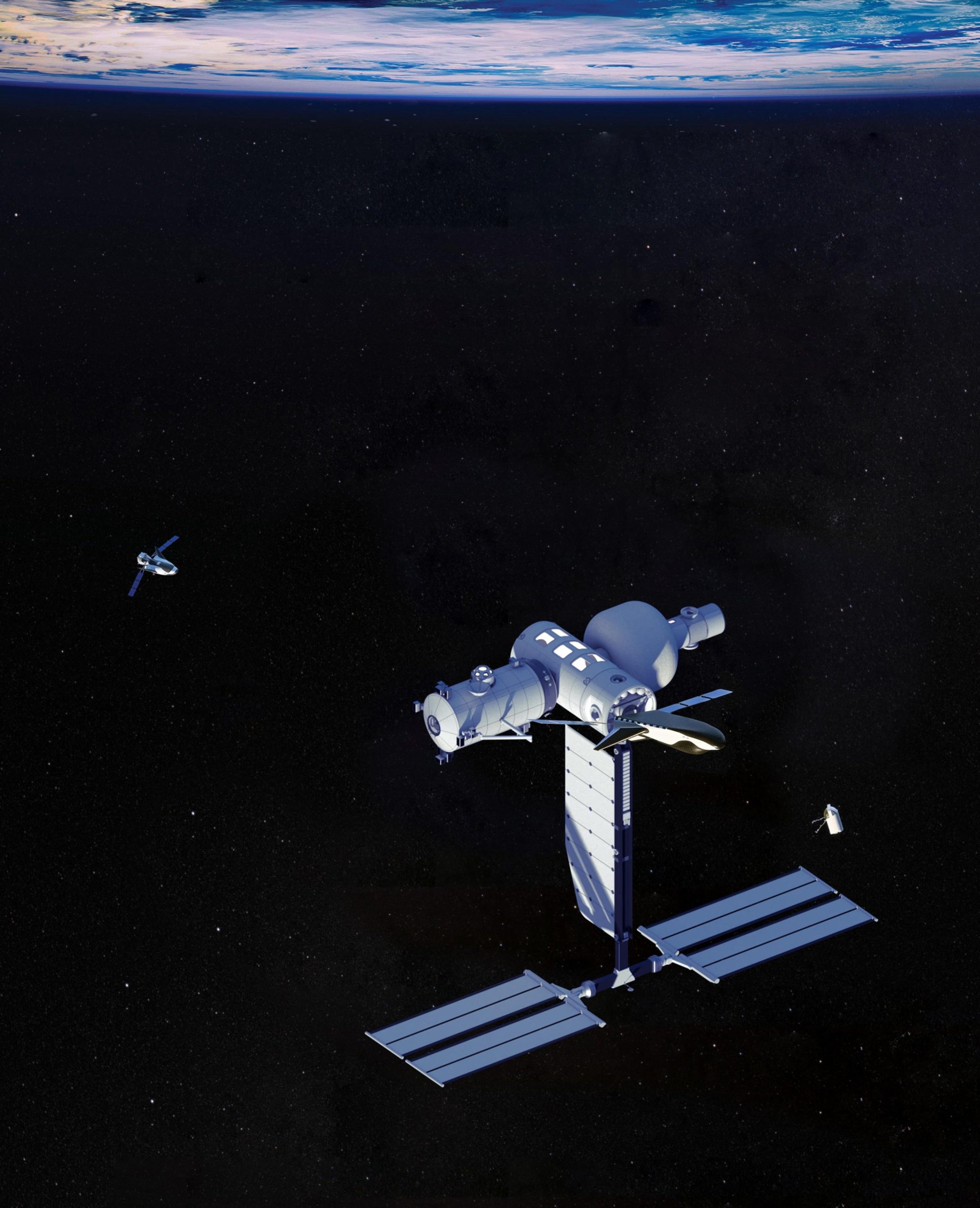The Orbital Reef concept, showing the core module, energy mast, science module, and other elements.  (Image: Orbital Reef)