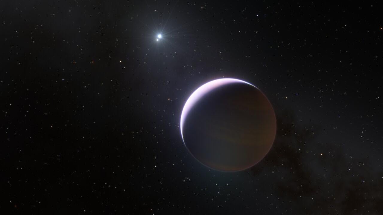 Conceptual image of the newly discovered exoplanet, with its two host stars in the background. (Illustration: ESO/L. Calçada)