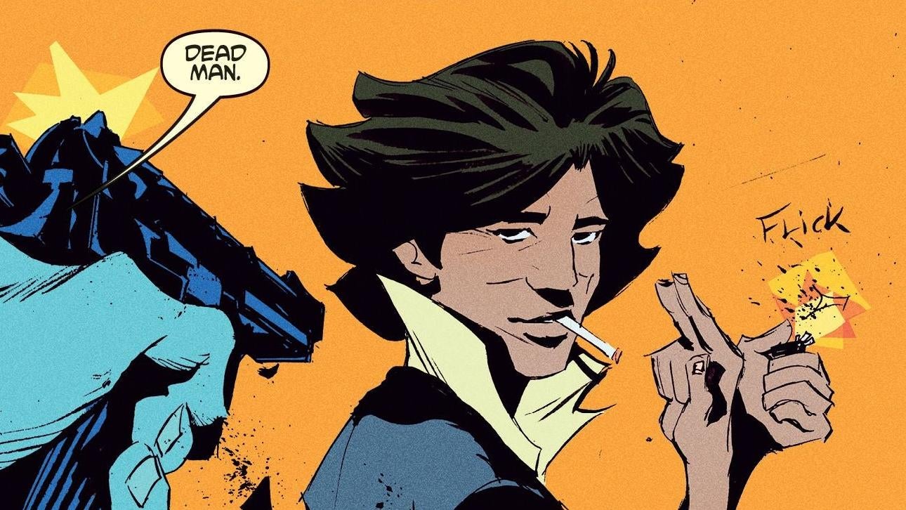 Spike Spiegel being chill as always in the middle of a gunfight. (Image: James Mathurin/Titan Comics)