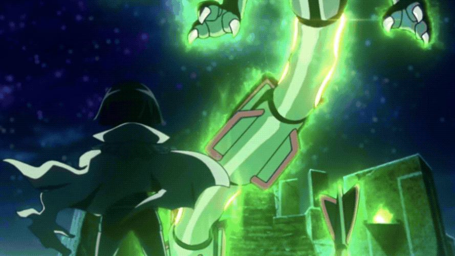 Zinnia meeting Rayquaza for the first time. (Gif: The Pokémon Company)