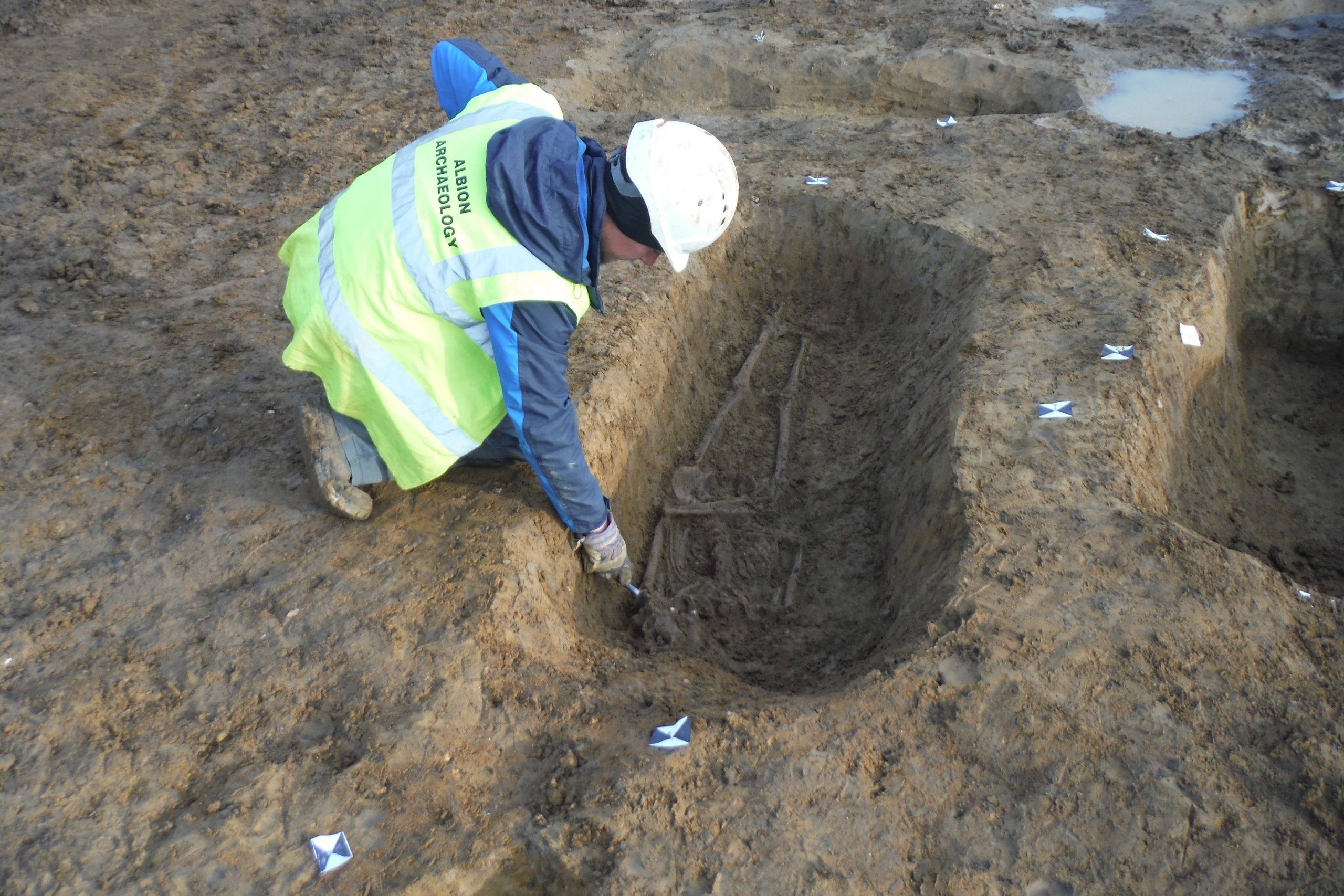An archaeologist inspecting a grave found at the site.  (Photo: Albion Archaeology)