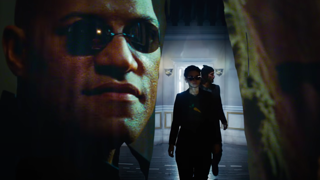 Bugs leading Neo into a new section of the Matrix with Neo in search of Morpheus. (Screenshot: Warner Bros.)