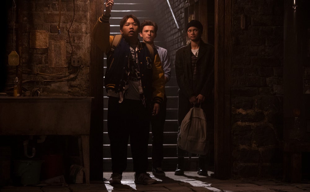 Ned, Peter and MJ venture into a basement. (Image: Sony Pictures)