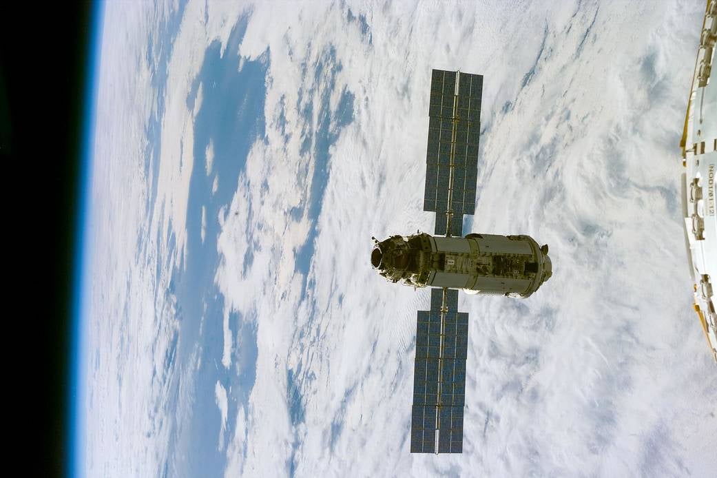 The Russian Zarya module shortly after launch in 1998. (Photo: NASA)