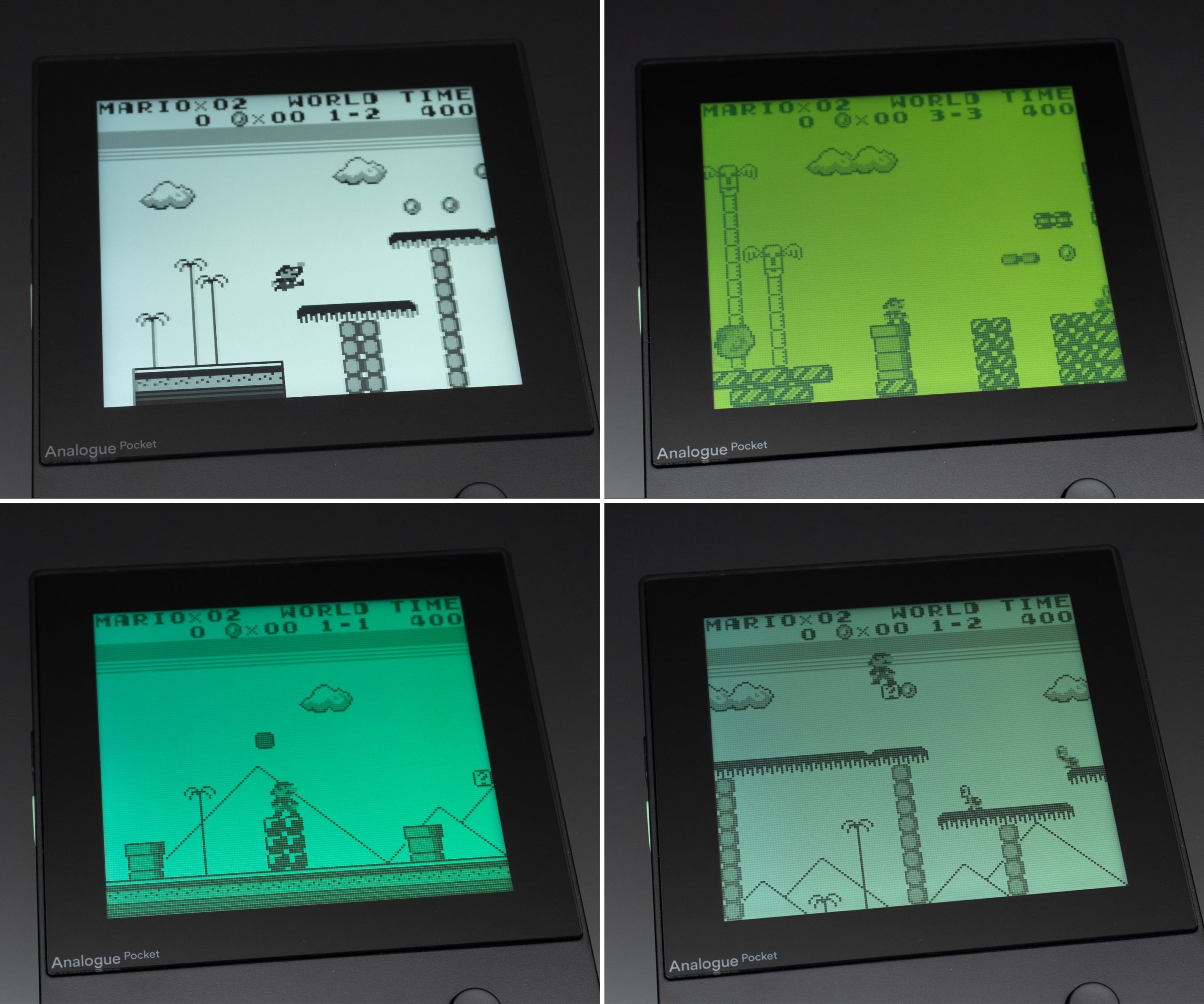 Hard-coded alternate display modes (not filters) recreate the appearance of classic handheld displays, right down to the barely visible pixel grids in the background. Here you can see the standard Analogue display mode for Game Boy games (upper left), the original Game Boy display mode (upper right), the Game Boy Light display mode (lower left), and the Game Boy Pocket display mode (lower right). (Photo: Andrew Liszewski/Gizmodo)