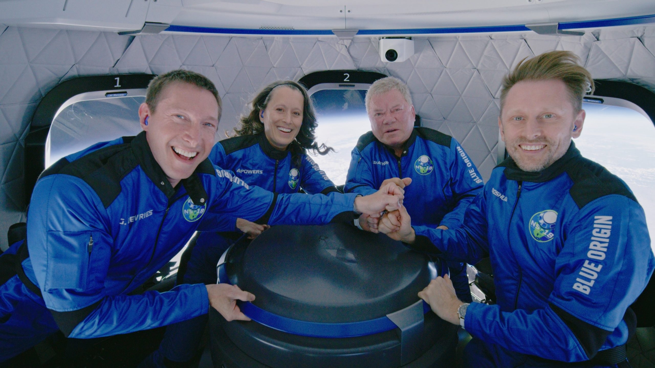 Glen de Vries, Audrey Powers, William Shatner, and Chris Boshuizen during their flight to space aboard a Blue Origin rocket.  (Photo: Blue Origin)
