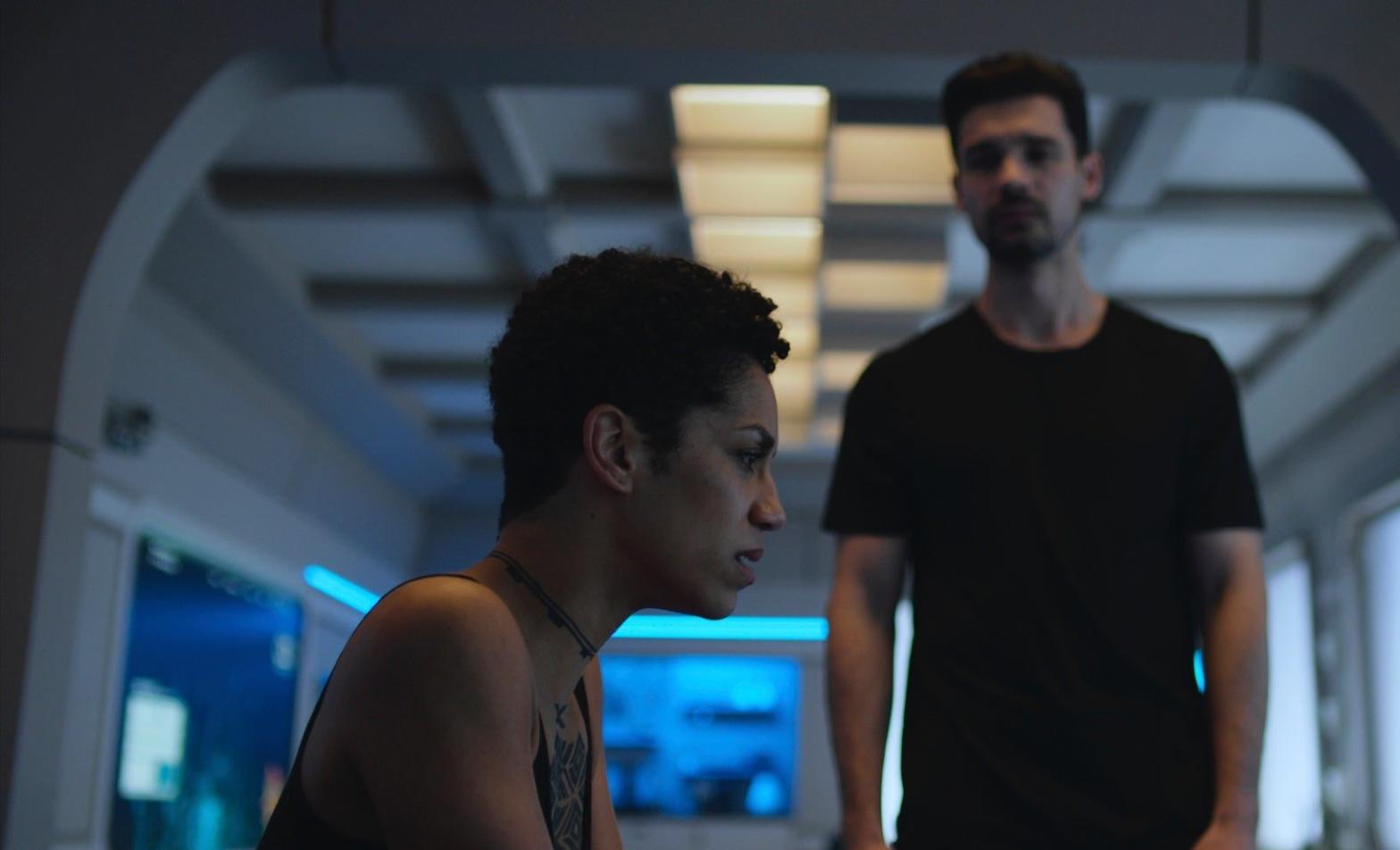 Flashback: a tense yet tender moment between Naomi (Dominique Tipper) and Holden (Steven Strait) at the start of season five. (Image: Amazon Studios)