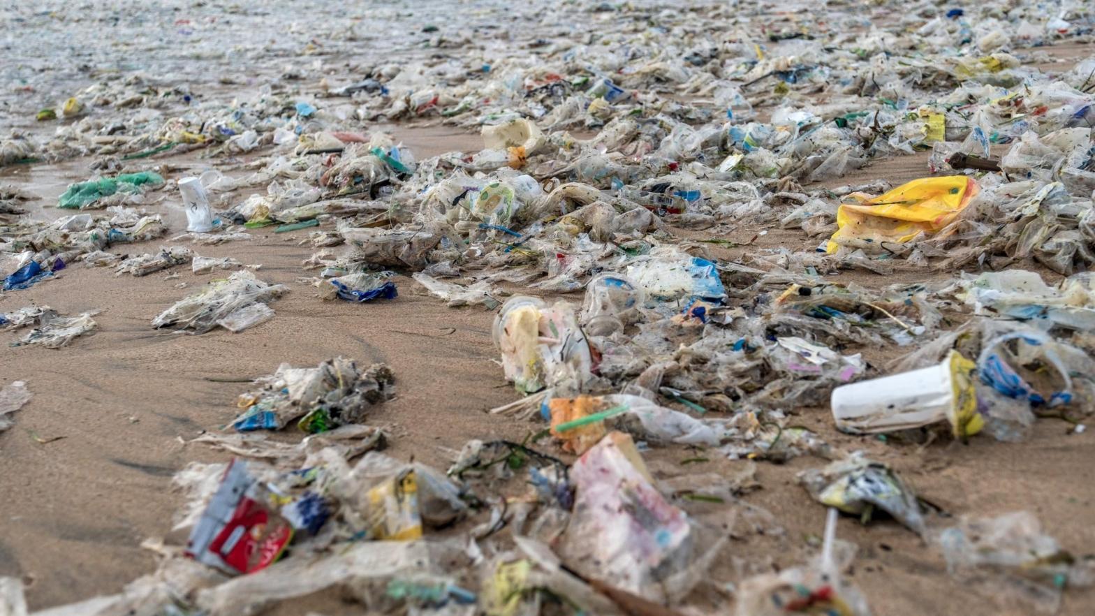 Plastic pollution on a beach in Bali, Indonesia in January 2021. (Photo: Agung Parameswara, Getty Images)