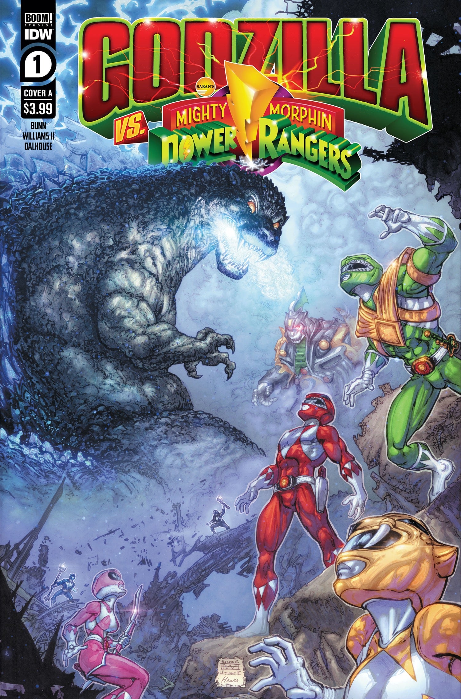 Full cover art of Godzilla Vs. the Mighty Morphin Power Rangers #1 by Freddie Williams II. (Image: IDW/Boom Studios/Toho)