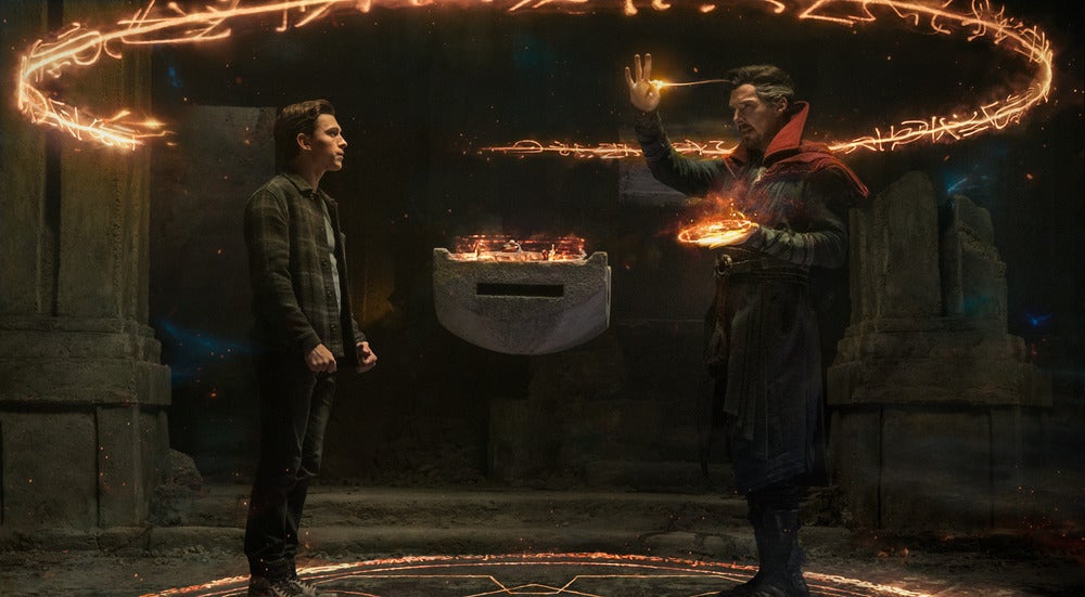 The moment Doctor Strange and Spider-Man splinter the multiverse. (Image: Sony Pictures/Marvel Studios)