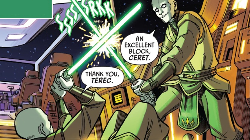 Terec and Ceret, a pair of bond-twin Kotabi who were revealed to be Star Wars' first Transgender characters, as they appear in Marvel's Star Wars: The High Republic comic series. (Image: Ario Anindito, Mark Morales, Annalisa Leoni, and Ariana Maher/Marvel Comics)