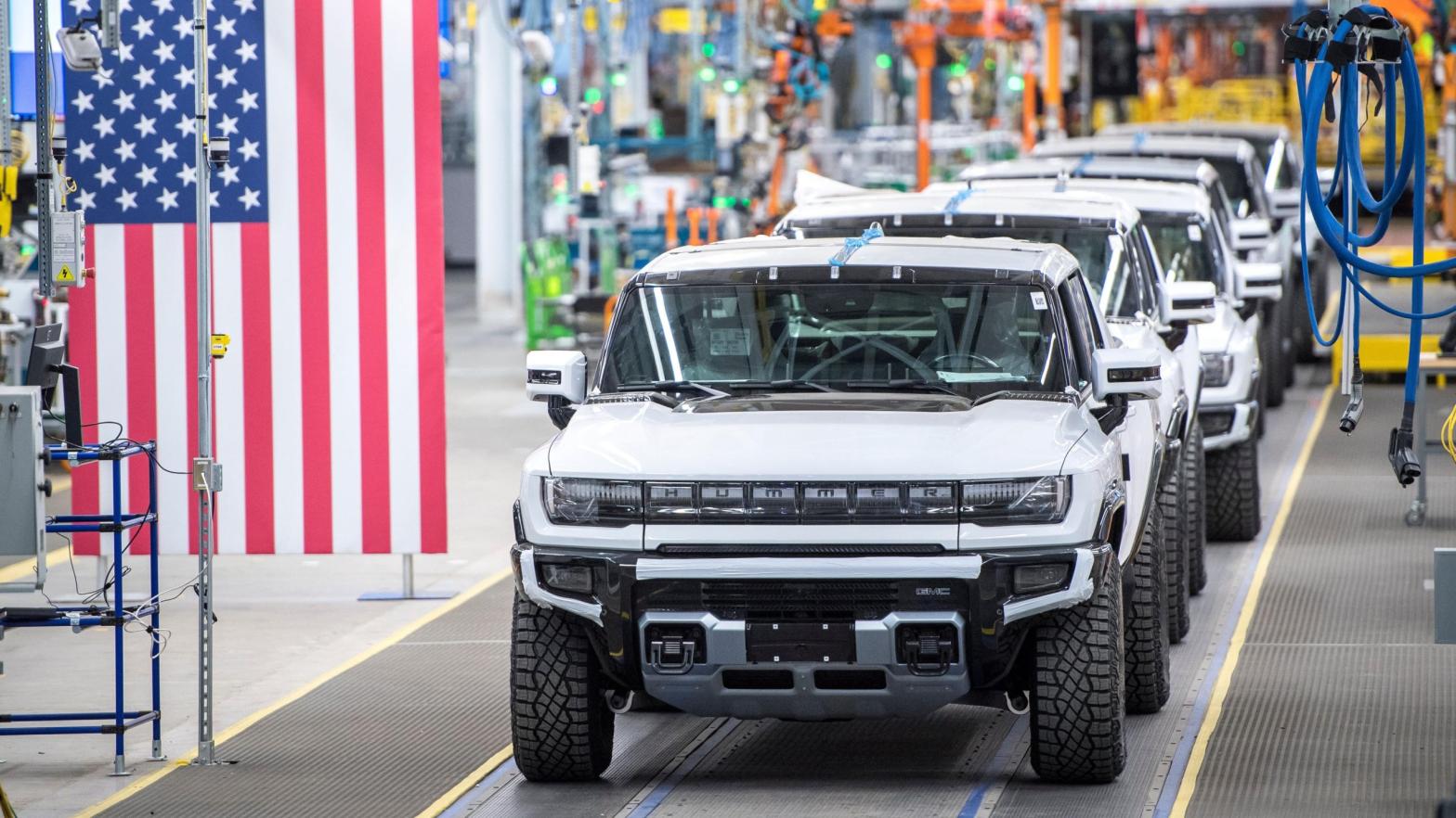 A general view of GMC Hummer EVs is pictured on November 17, 2021 at General Motors' Factory ZERO electric vehicle assembly plant in Detroit, Michigan. (Photo: Nic Antaya, Getty Images)