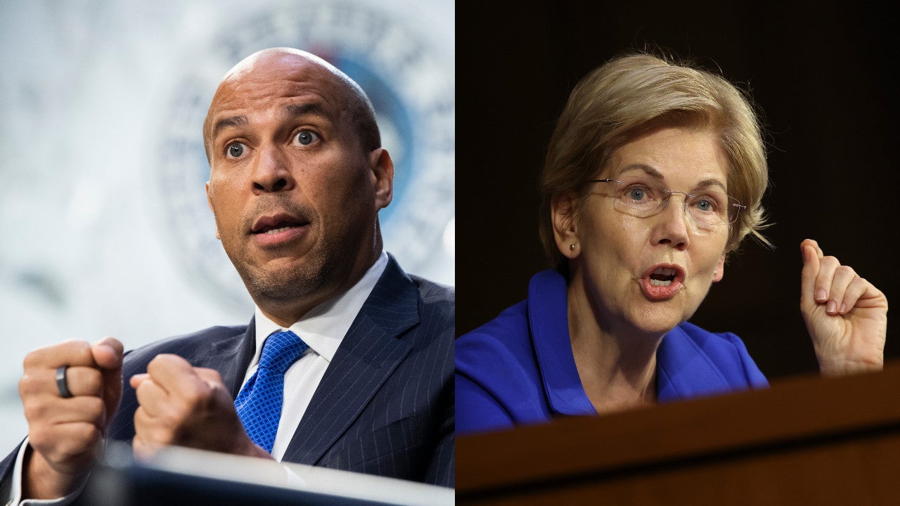 Sen. Cory Booker (left) and Sen. Elizabeth Warren in file photos from Getty Images (Image: Tom Williams / Kevin Dietsch, Getty Images)
