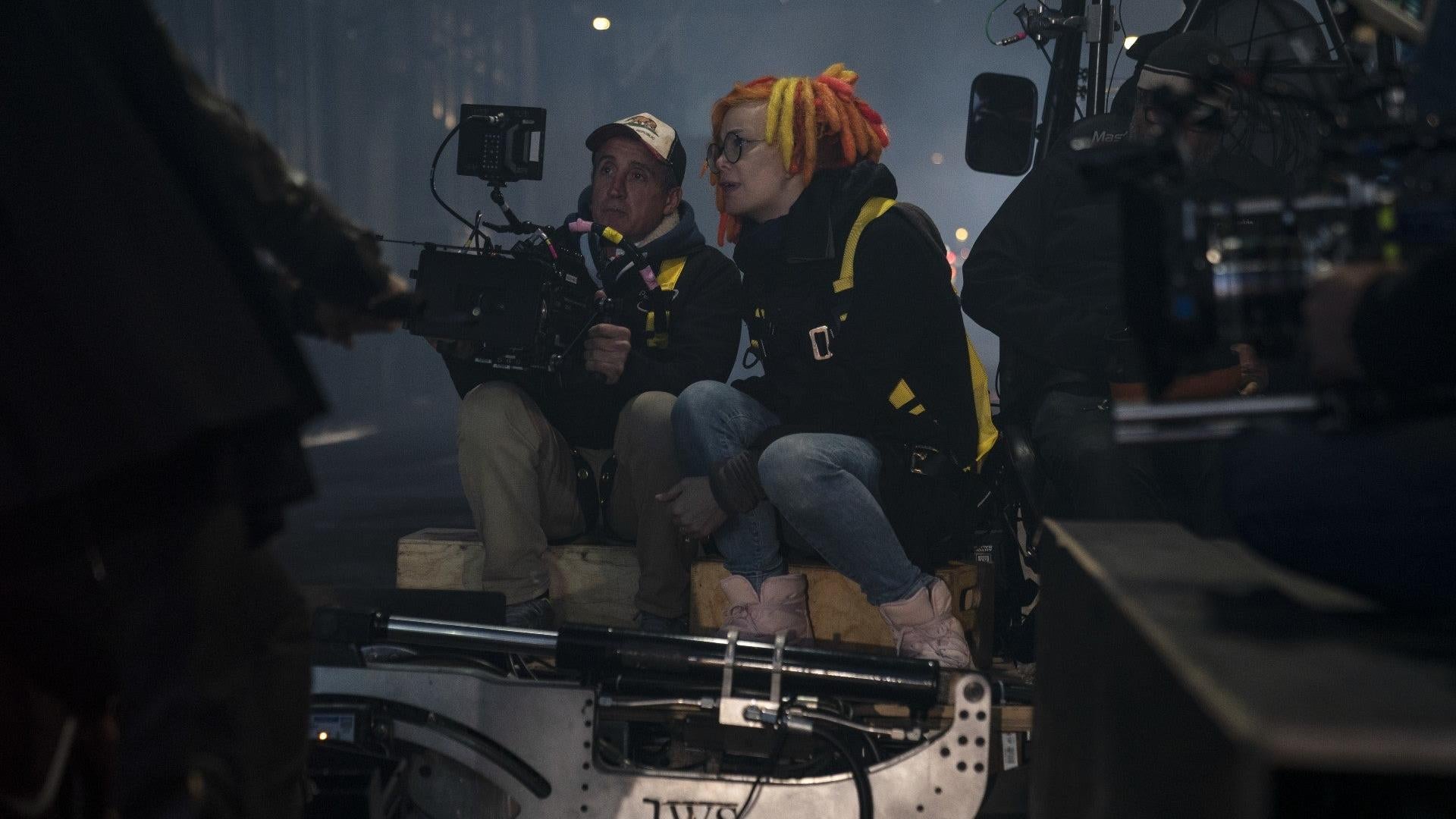 Lana Wachowski and her DP Daniele Massaccesi on the set of Matrix Resurrections. (Image: Warner Bros.)