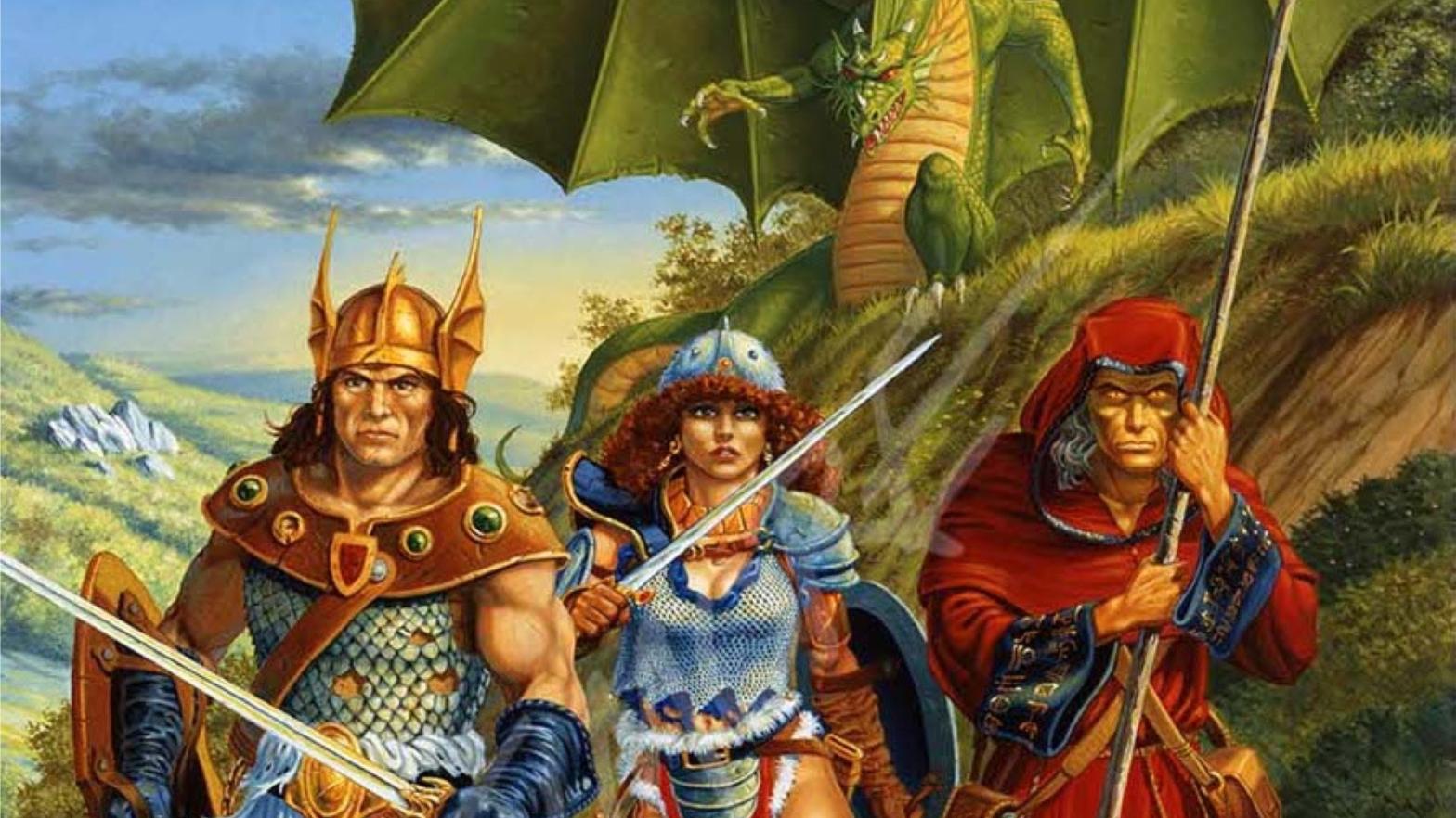 Inset of original cover to Dragons of Spring Dawning by Larry Elmore. From l-r: Caramon, Tika, and Raistlin. (Image: Wizards of the Coast)