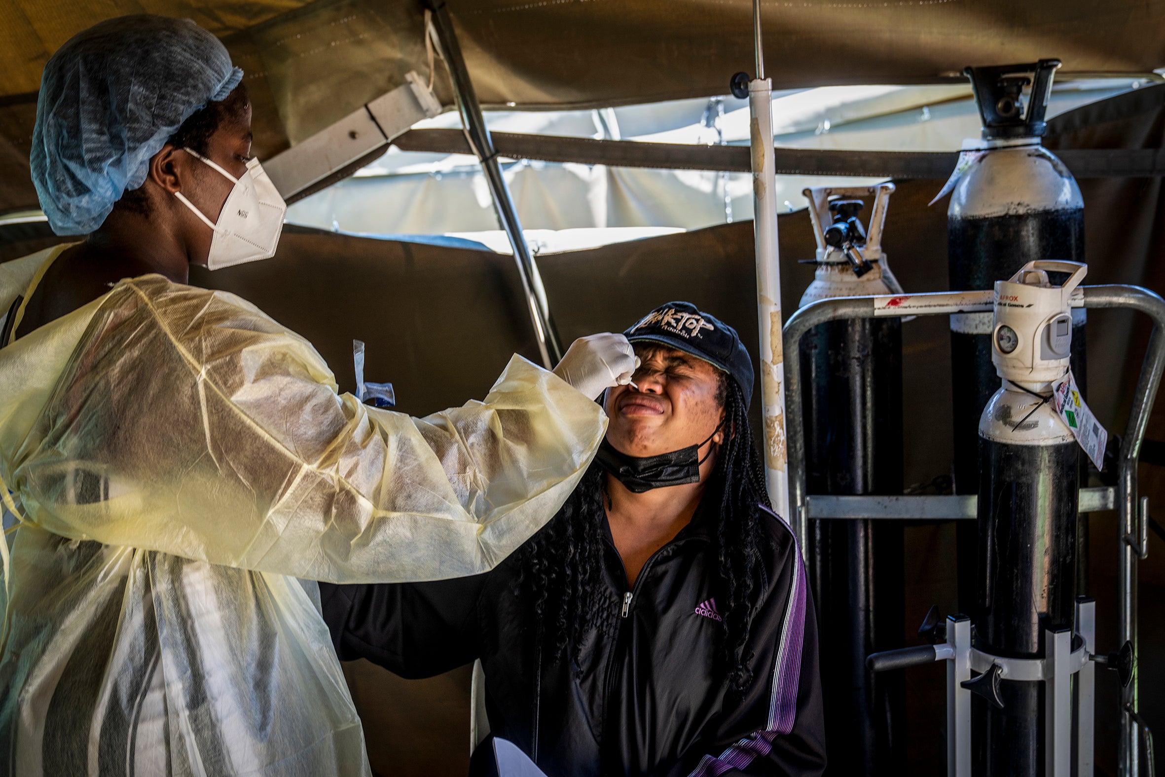 A woman is tested for covid-19 at the Lenasia South Hospital, near Johannesburg, South Africa, on Wednesday, Dec. 1, 1021.  (Photo: Shiraaz Mohamed, AP)