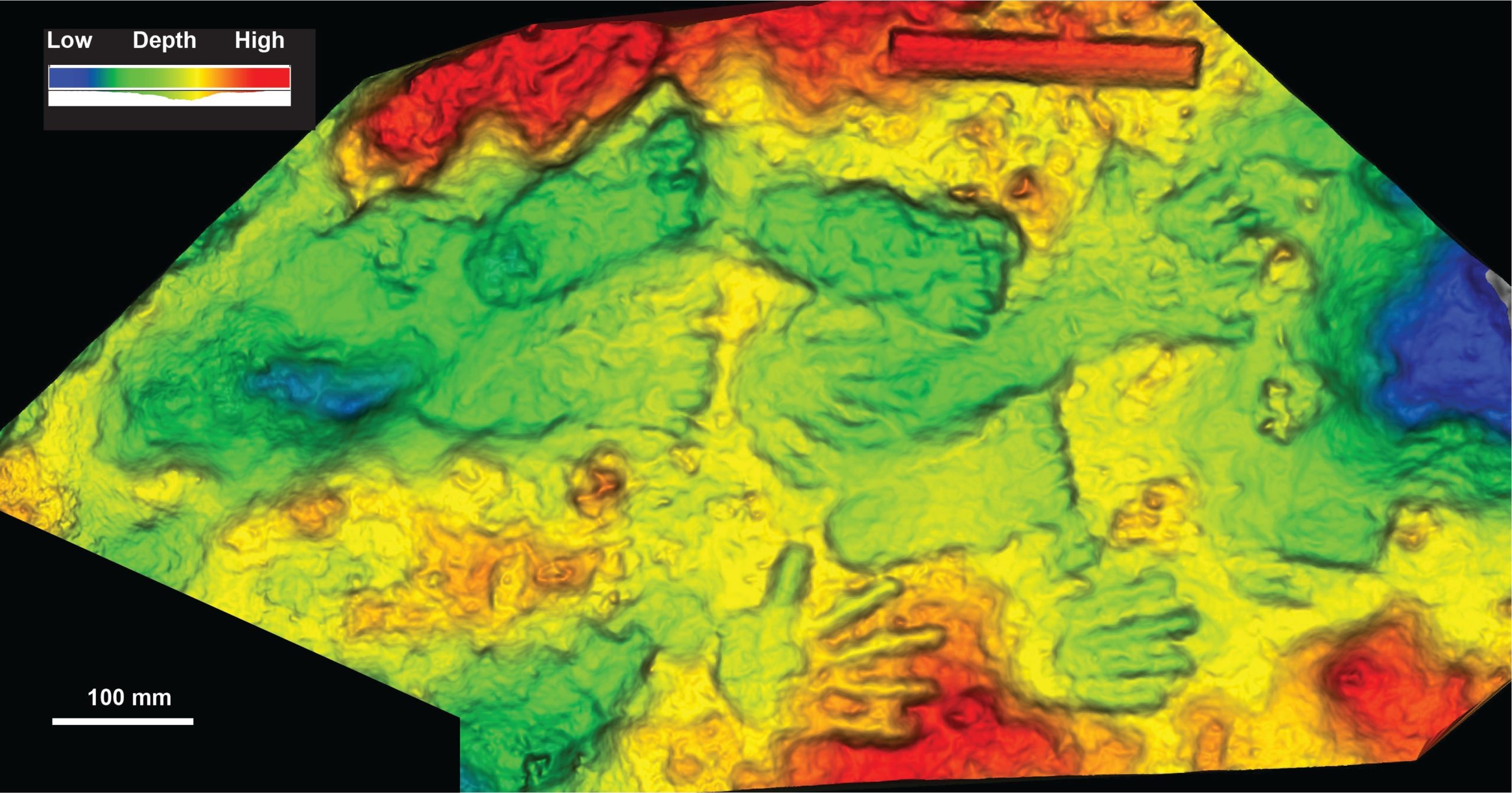 A 3D-scan of the print panel from Quesang, with different colours reflecting different depths. (Photo: D.D. Zhang et al. / Science Bulletin)