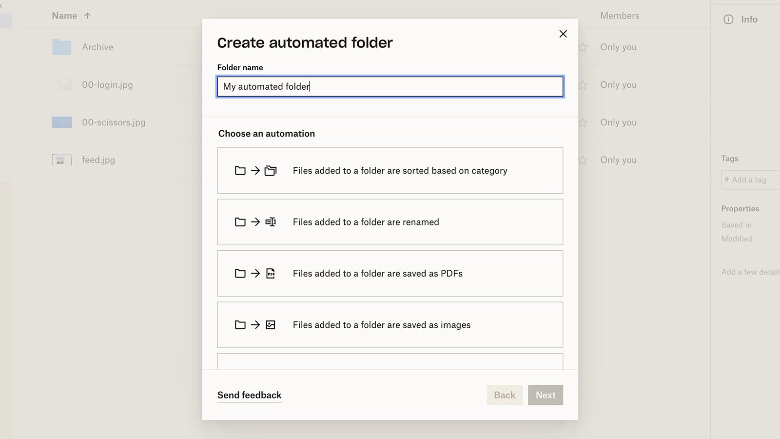 Automated folders can be created on the web. (Screenshot: Dropbox)